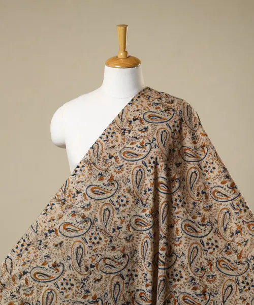 Beige - Natural Dyed Block Print Cotton Pedana Kalamkari Fabric