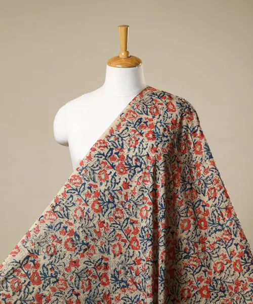 Multicolor - Natural Dyed Block Print Cotton Pedana Kalamkari Fabric