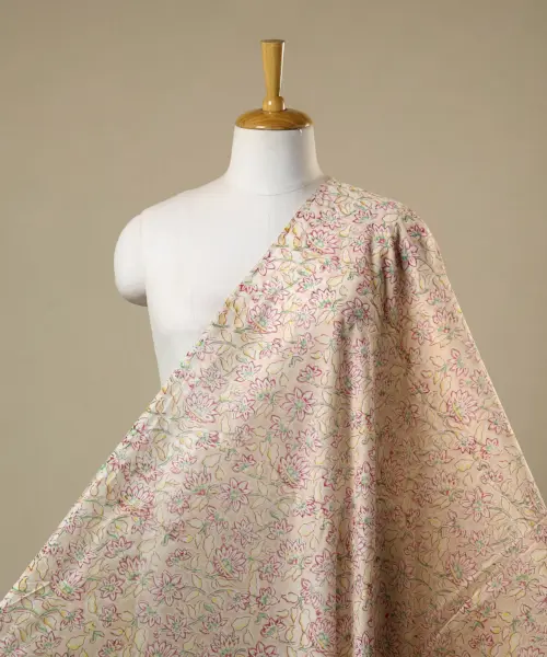 Beige - Block Print Chanderi Silk Sanganeri Fabric