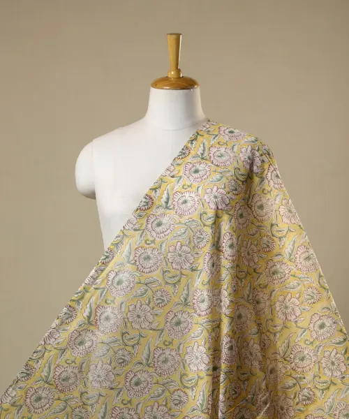 Yellow - Block Print Chanderi Silk Sanganeri Fabric