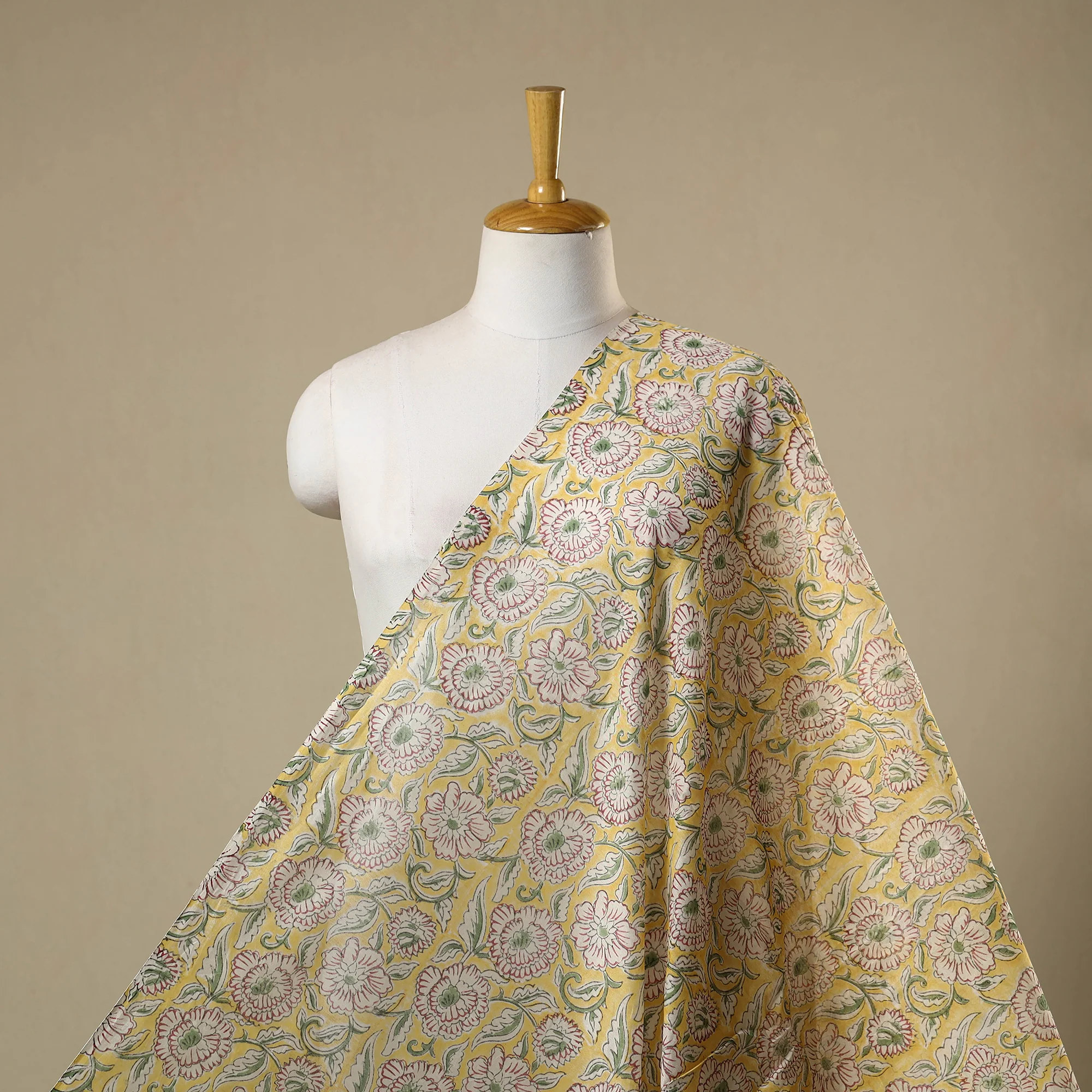 Yellow - Block Print Chanderi Silk Sanganeri Fabric