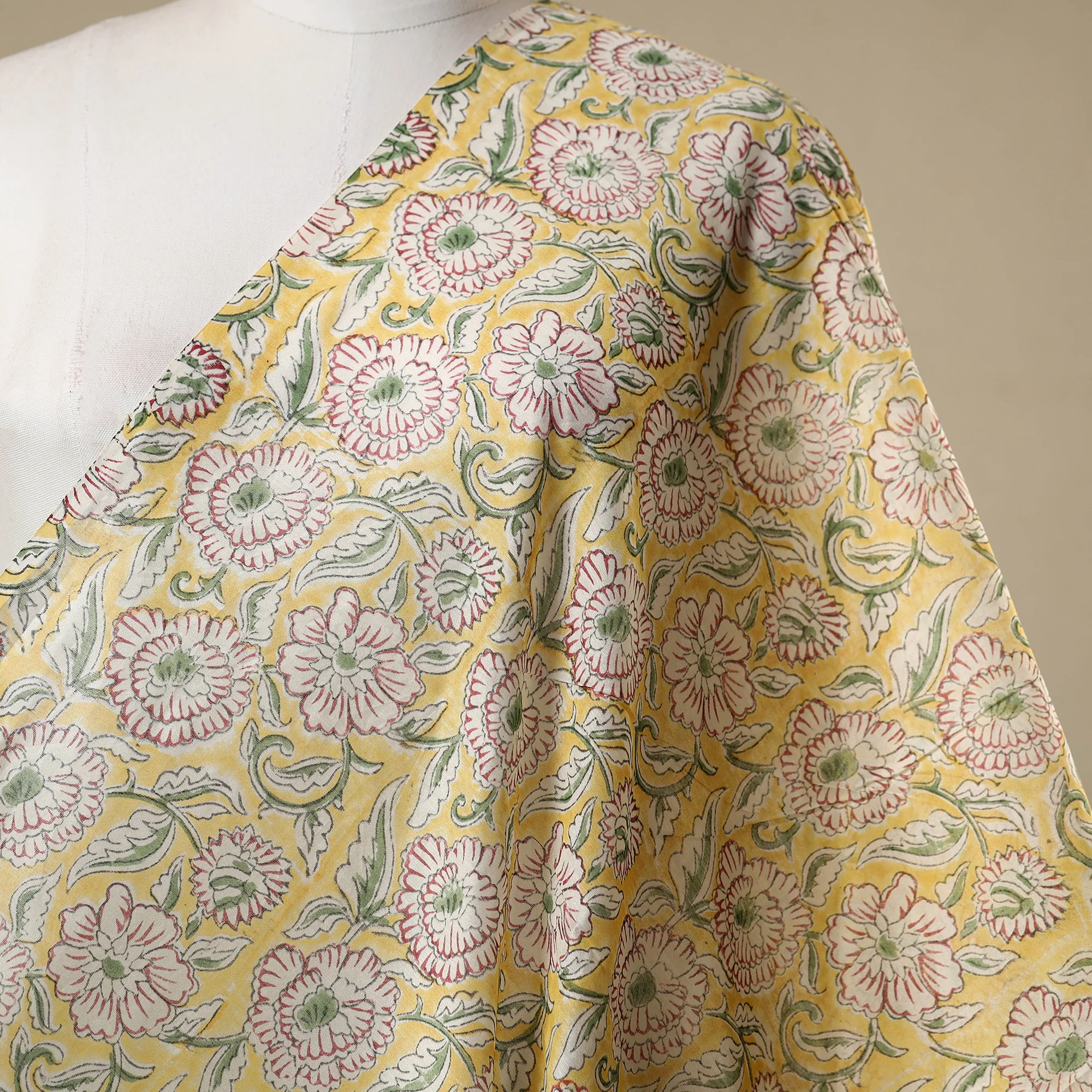 Yellow - Block Print Chanderi Silk Sanganeri Fabric - Image 3