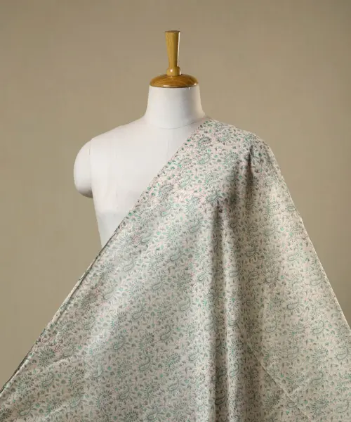 Beige - Block Print Chanderi Silk Sanganeri Fabric