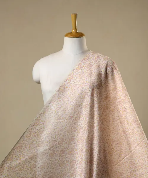 Beige - Block Print Chanderi Silk Sanganeri Fabric